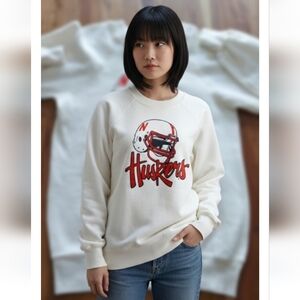 Bessett & Walker vintage cream Football Huskers Sweatshirt,(flaws), S